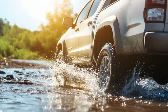 A silver pickup truck crossing a shallow stream water splashing around the tires under warm sunlight with clear space - Powered by Adobe