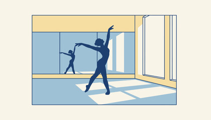 Ballet dancer in a sunlit studio practicing an elegant pose, mirror reflection capturing graceful movement and focused discipline during training and rehearsal