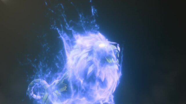 blue fire lion logo animation effect. wild beast lion king animal in attack motion.
