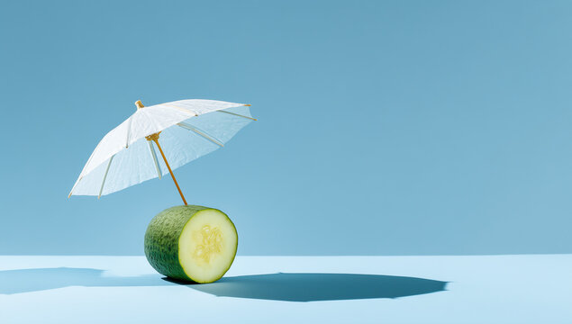 Half Melon with Umbrella on Blue Background