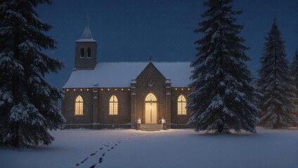 Snow-covered church at night with footprints leading to the entrance, surrounded by pine trees.