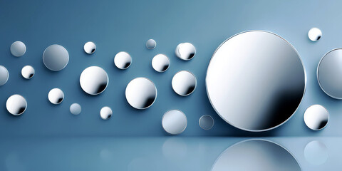 Minimalist Abstract Background with Silver Metallic Spheres Reflected on Blue Surface