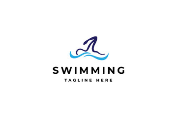 Freestyle swimming sport logo with blue wave element in flat vector design style