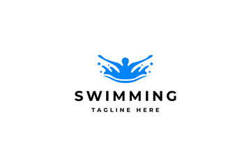 swimming logo in dolphin style with blue water splash in flat vector design style