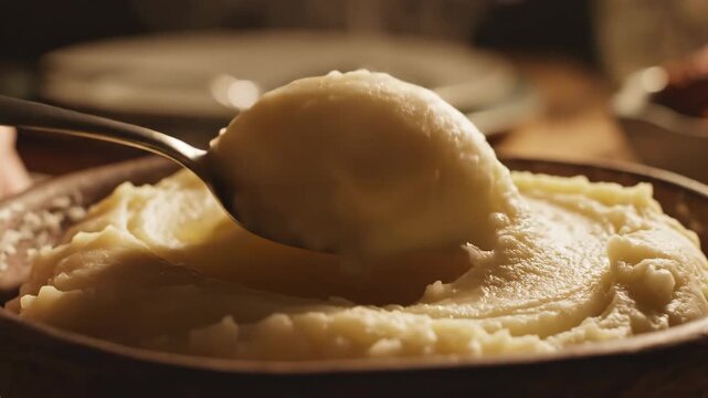 Close up spoon swirling and lifting creamy mashed potatoes with melted butter.