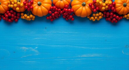 Overhead shot of pumpkins, berries, and foliage arranged on blue wooden surface.