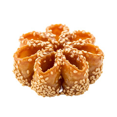 Delicate golden rosette cookie dusted with crunchy sesame seeds offering a sweet, traditional treat for any occasion