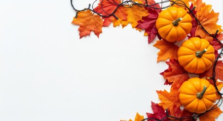 Festive autumn corner border made of pumpkins, colorful maple leaves, and glowing lights on a white background