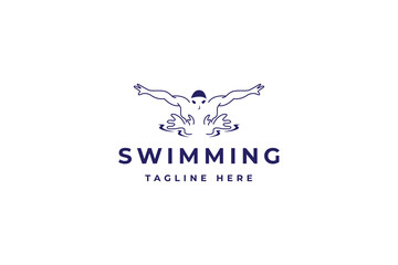 Swimming sport logo with dolphin style in flat vector design style