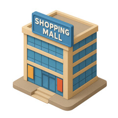 STYLE Icon 3D render, Isometric style of Shopping Mall &ndash; Multiple floors, glass facade, signage banners, isolated on a transparent background