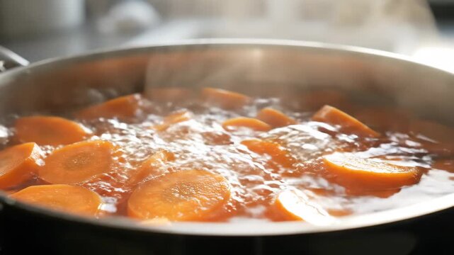 Closeup carrots simmering in bubbling sauce in pan.