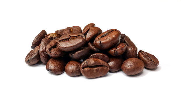 pile of roasted coffee beans isolated on white background, espresso beans