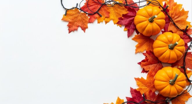 Festive autumn corner border made of pumpkins, colorful maple leaves, and glowing lights on a white background