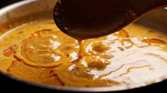 Closeup simmering creamy curry sauce stirred with wooden spoon in pan.