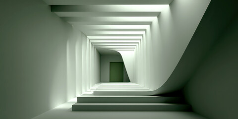 Obraz premium Minimalist Architectural Corridor with Curved Walls Stairs and Light Green Door
