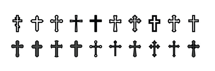Black of Christian crosses in distressed styles, featuring various shapes on a white background, icon sheet in grunge style. Christian cross set. Abstract religious cross icons, vector illustration.