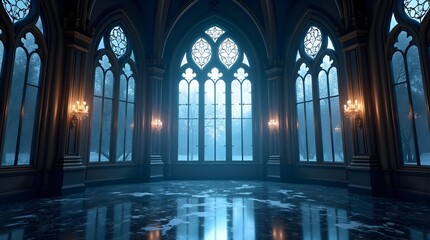 Obraz premium Grand Gothic Hall with Frosted Windows and Candlelit Chandeliers