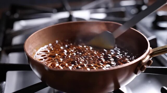 Copper pan caramel sauce boiling and dripping on gas stovetop.