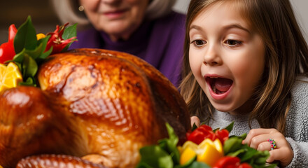 A girl looking at a turkey with her mouth open and an older woman in the background smiling slightly