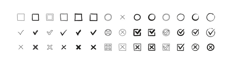 Doodle hand drawn chalk check mark set. sketch check boxes, tick and cross symbols. tick cross signs. Crayon grunge check mark elements.  isolated on white background, vector illustration. © Kalre