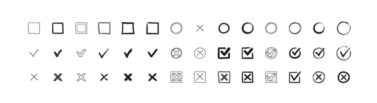 Doodle hand drawn chalk check mark set. sketch check boxes, tick and cross symbols. tick cross signs. Crayon grunge check mark elements.  isolated on white background, vector illustration.
