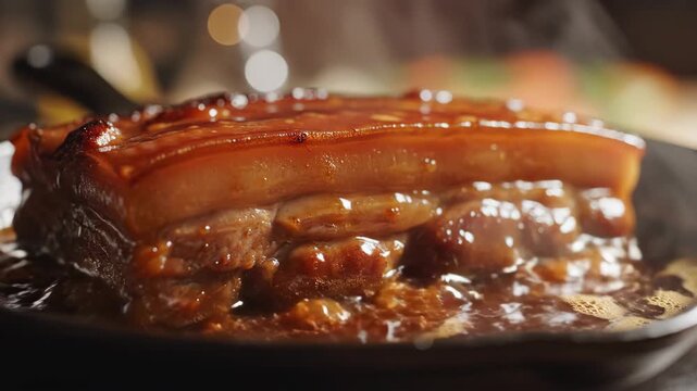 Glazed braised pork belly simmering in rich sauce closeup.