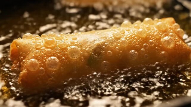 Golden spring roll sizzling in hot oil closeup.