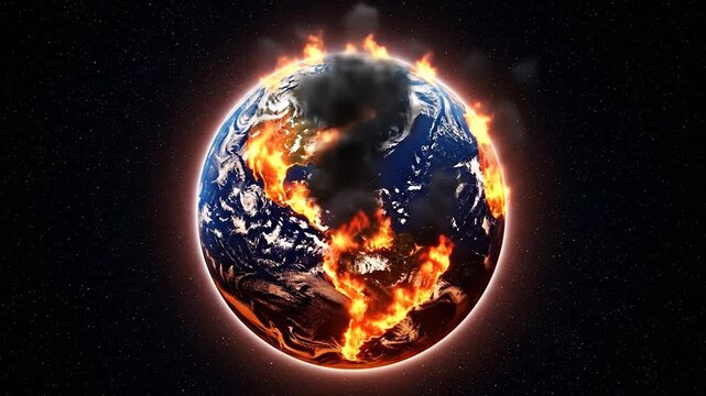 Planet Earth engulfed in catastrophic inferno, devastating global destruction unfolds