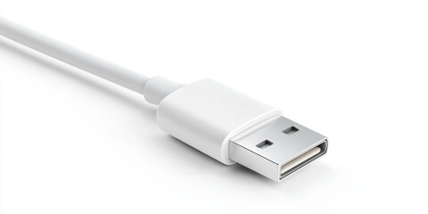 Close-up of a white USB-A cable connector o, A detailed view of a standard USB-A male connector and white cable, isolated on a bright white surface, ready for data transfer or charging.