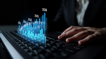 Business bar chart and line graph showing yearly business growth from 2022 to new year 2026, represent data analytics, future 2026 planning, business 2026 trend, and performance analysis 2026 Latch