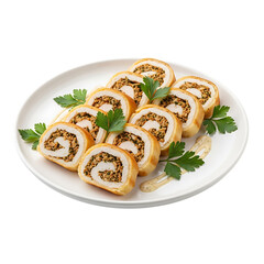 Delectable chicken roulade slices artfully arranged on a white plate garnished with fresh parsley and a drizzle of creamy sauce for an elegant meal presentation