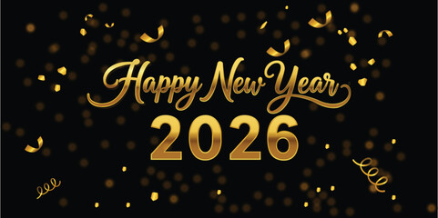 happy,new,2026 flat vector banner illustration with gold bokeh and stars for happy new year 2026 greeting