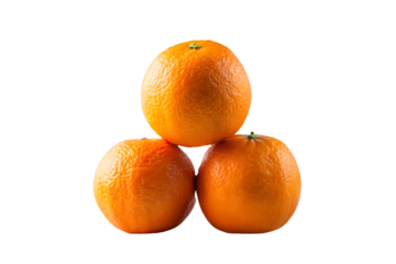 Three oranges stacked in pyramid formation with visible texture and stems, isolated on a transparent background