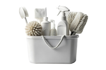 White cleaning caddy with rope handles holding monochromatic white and gray cleaning tools and supplies, isolated on a transparent background