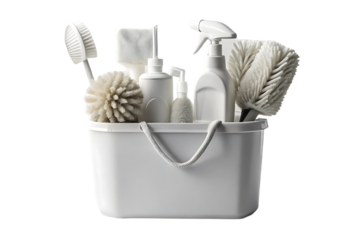 White cleaning caddy with rope handles holding monochromatic white and gray cleaning tools and supplies, isolated on a transparent background