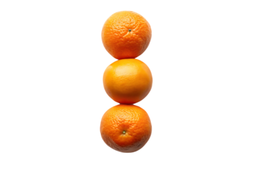 Three citrus fruits vertically stacked showing natural skin texture and color variation, isolated on a transparent background