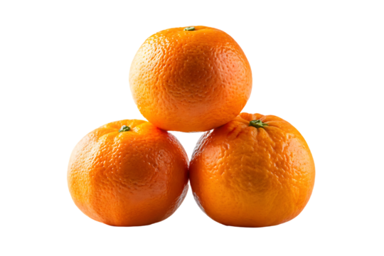Three mandarin oranges arranged in triangular stack with bright orange peel texture, isolated on a transparent background