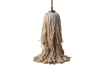 Traditional string mop with wooden handle, cotton strands hanging down, gray head attachment, well-used appearance, isolated on a transparent background