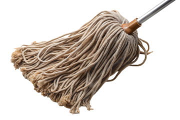 Wet mop head with metal handle, beige cotton strings spread out, wooden grip detail visible, isolated on a transparent background