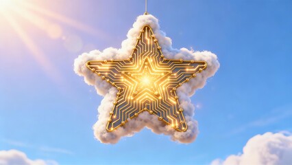 High Performance Cloud Technology Star Rating Icon Glowing in Bright Blue Sky