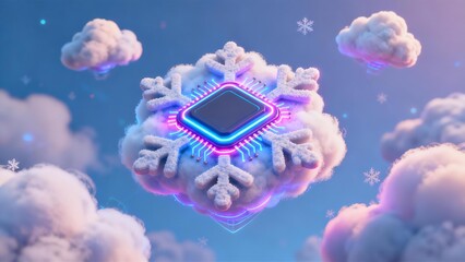 Glowing Microchip In Snowflake Cloud For Digital Cold Storage, Quantum Computing, And Efficient Cooling System