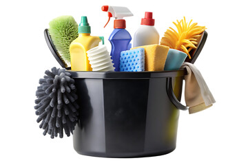 Black bucket overflowing with colorful cleaning supplies, sponges, bottles, brushes, cloths, vibrant mixed colors throughout, isolated on a transparent background