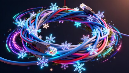 Glowing Network Cables Coiled into a Festive Christmas Wreath with Bright Snowflakes