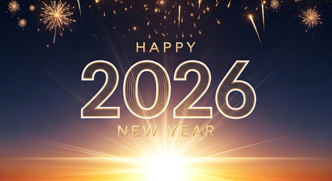 Happy New Year 2026 Celebrate the dawn of a hopeful future with fireworks and golden light!