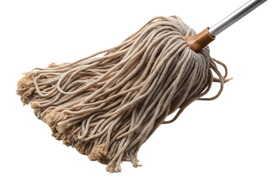 Wet mop head with metal handle, beige cotton strings spread out, wooden grip detail visible, isolated on a transparent background