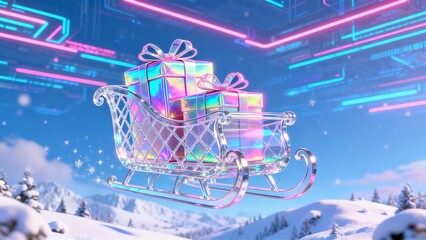 Futuristic Crystal Sleigh Delivering Iridescent Gifts Digital Winter Holiday E-commerce Promotion