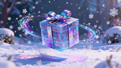 Futuristic Holographic Digital Gift Box Floating in Snowy Winter Scene Tech Christmas Surprise
