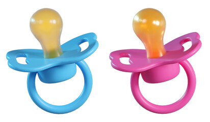 3D Blue baby and Pink Pacifier icons. Silicone nipple. Newborn boy and girl accessory in soft pastel colors isolated on a transparent background. 3D render
