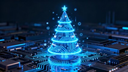Futuristic Blue Circuit Christmas Tree on Motherboard for High Tech Digital Holiday Greetings and IT Sales