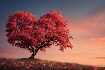Tree of love in spring. Red heart shaped tree at sunset. Beautiful landscape with flowers.Love background with copy space.Valentine day card